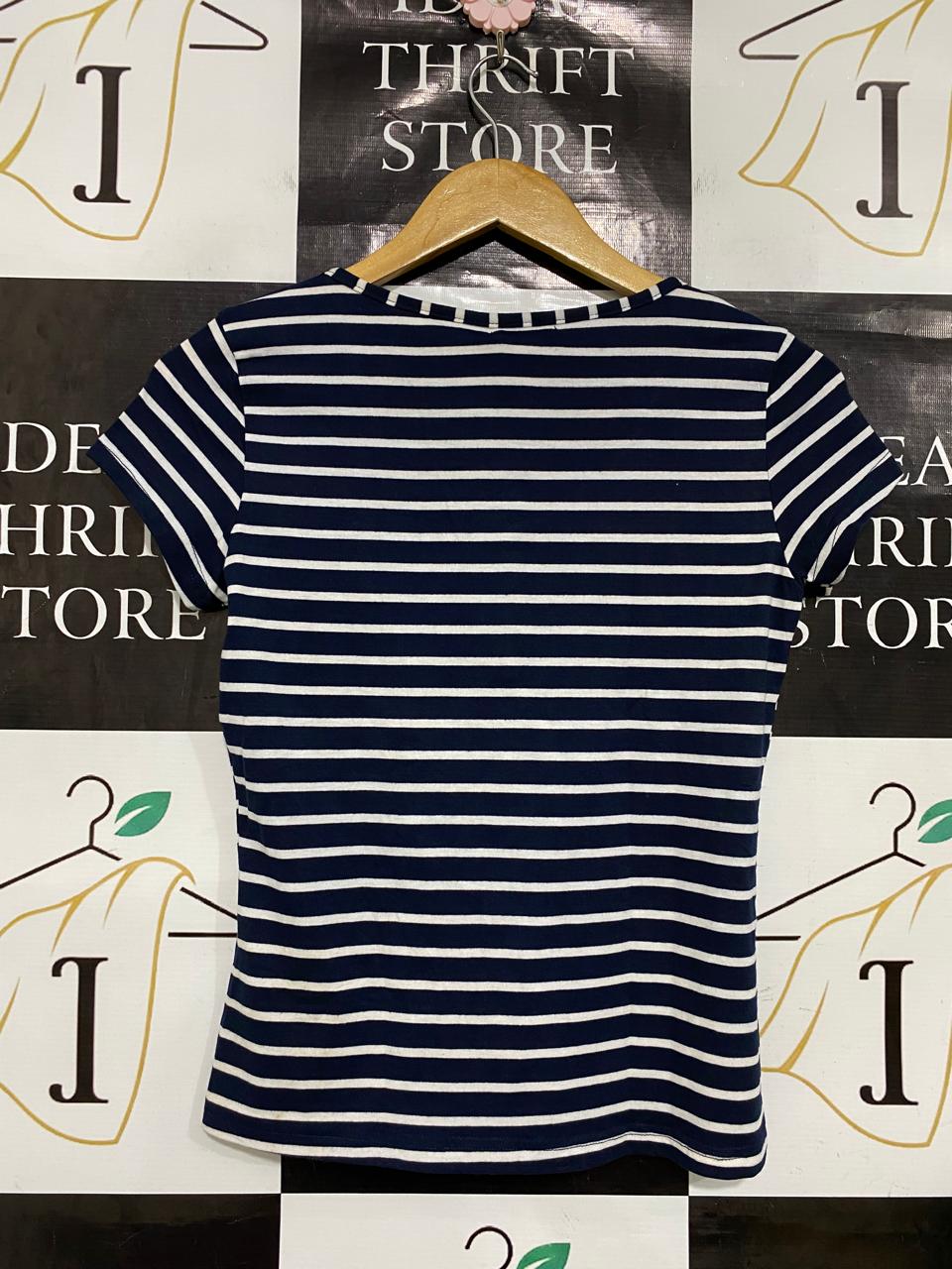 COCOLATTE |S| BUST 15| A34| NAVY & WHITE STRIPED BUTTON-PLACKET SCOOP-NECK T-SHIRT