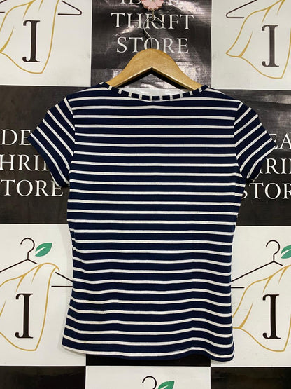 COCOLATTE |S| BUST 15| A34| NAVY & WHITE STRIPED BUTTON-PLACKET SCOOP-NECK T-SHIRT