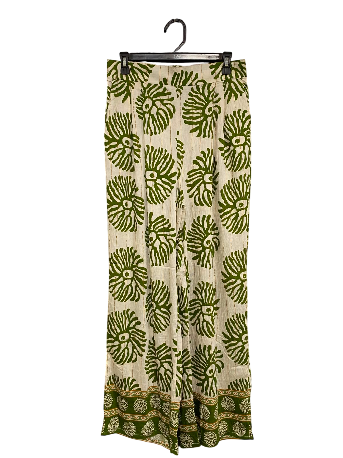 VALLEY GIRL |L| WAIST 30| A34| OLIVE GREEN & BEIGE FLORAL-PRINT BLOCK-BORDER WIDE-LEG PALAZZO PANTS