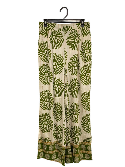 VALLEY GIRL |L| WAIST 30| A34| OLIVE GREEN & BEIGE FLORAL-PRINT BLOCK-BORDER WIDE-LEG PALAZZO PANTS
