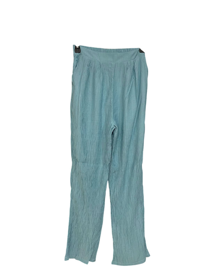 |S| WAIST 22| A34| SAGE BLUE CRINKLE-TEXTURED RELAXED WIDE-LEG LOUNGE PANTS