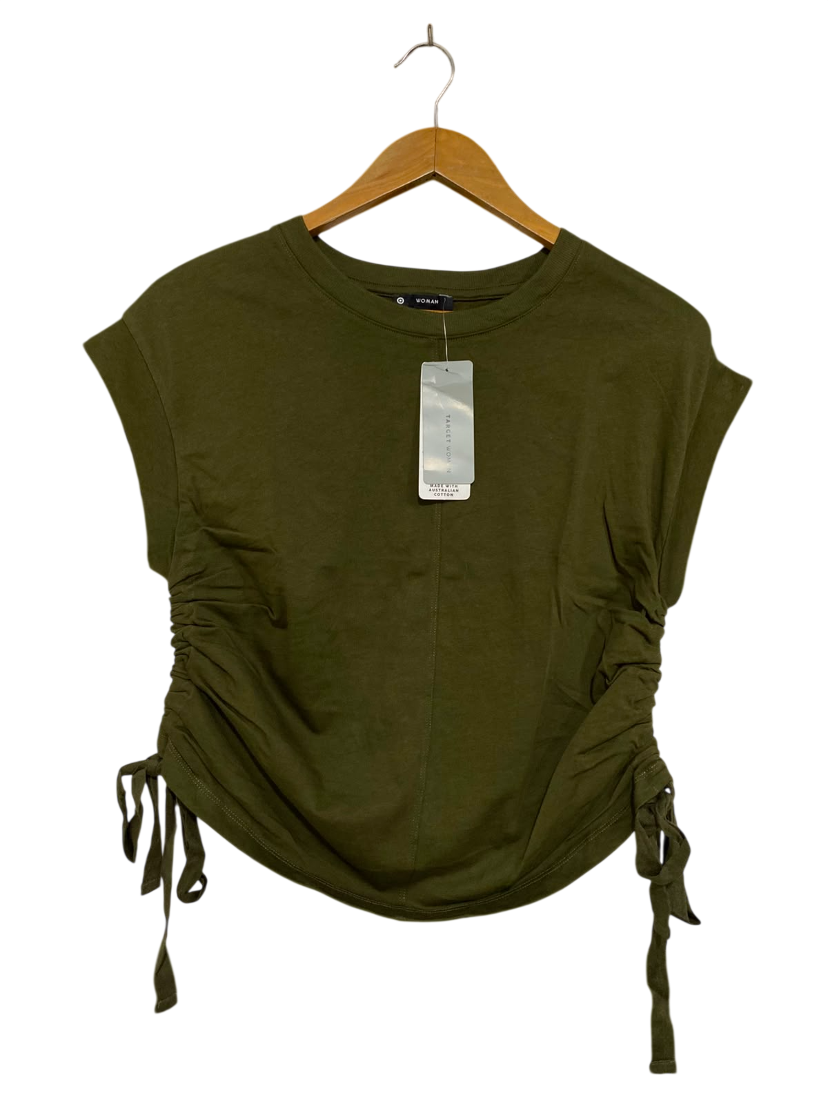 TARGET WOMAN |XS| BUST 17| A35| OLIVE GREEN SIDE-RUCHED COTTON CAP SLEEVE TOP