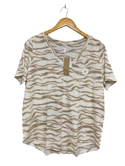 ANKO |L| BUST 20| A35| BEIGE & WHITE ZEBRA-PRINT LINEN-BLEND V-NECK T-SHIRT