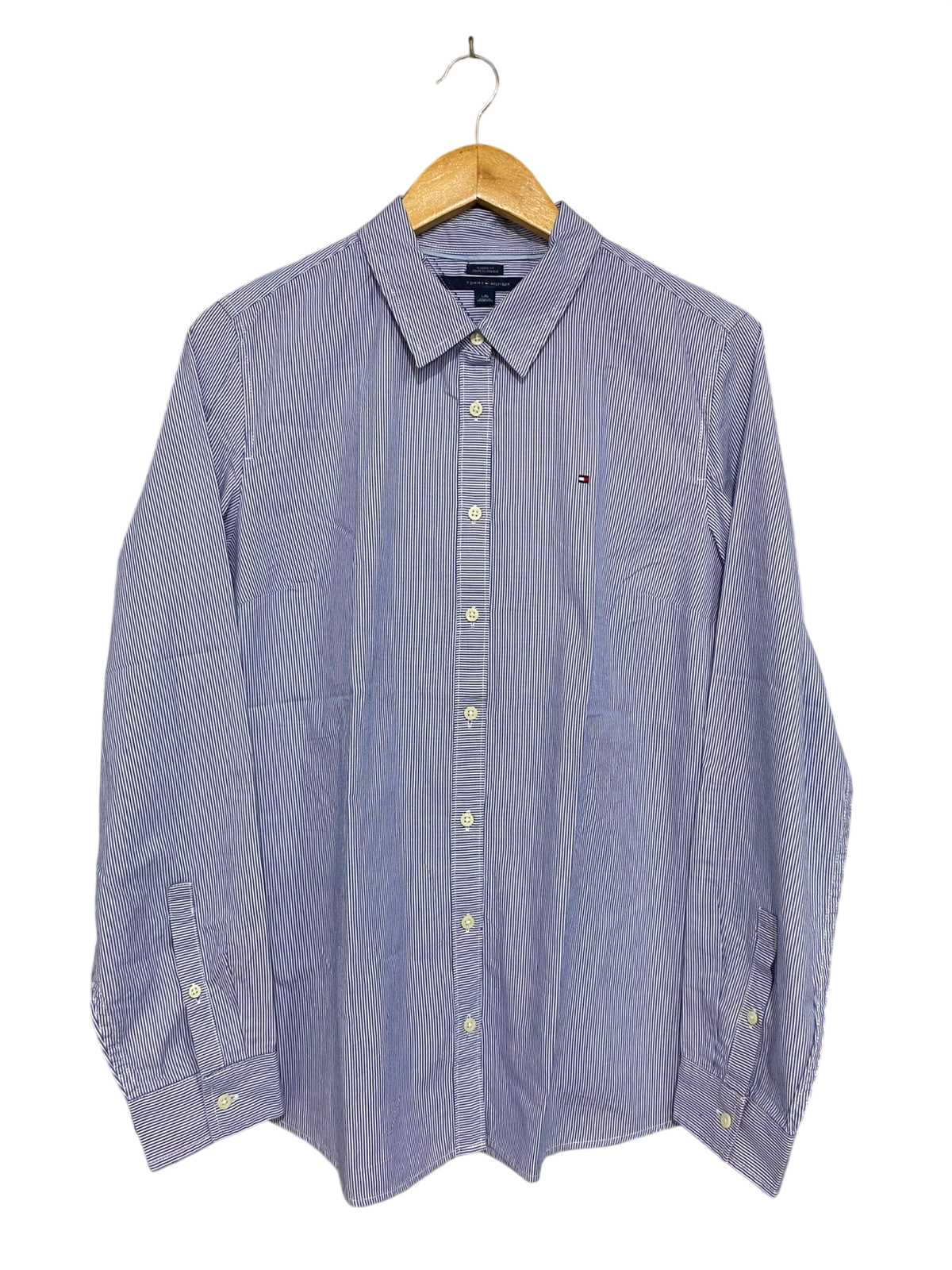 TOMMY HILFIGER |L| BUST 20| A35| BLUE & WHITE STRIPED BUTTON-DOWN LONG-SLEEVE SHIRT