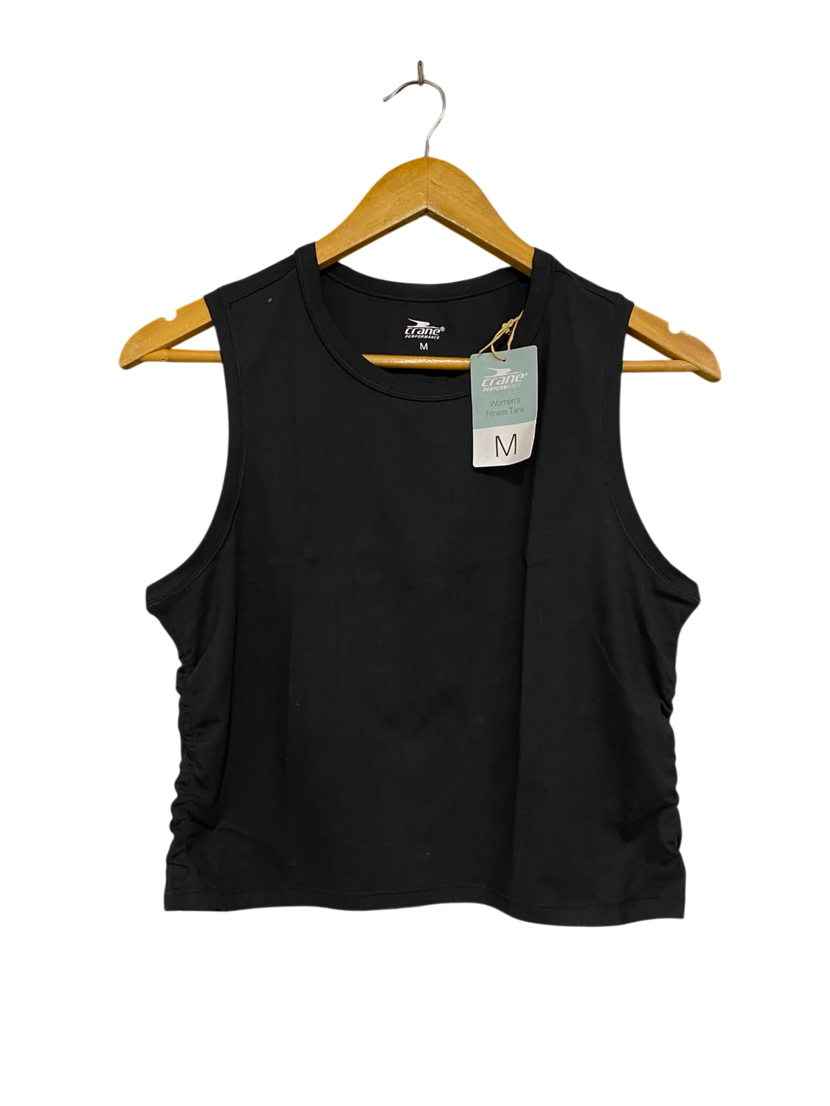 CRANE |S| BUST 16| A35| PERFORMANCE BLACK SIDE-RUFFLED ACTIVEWEAR CROP TANK TOP
