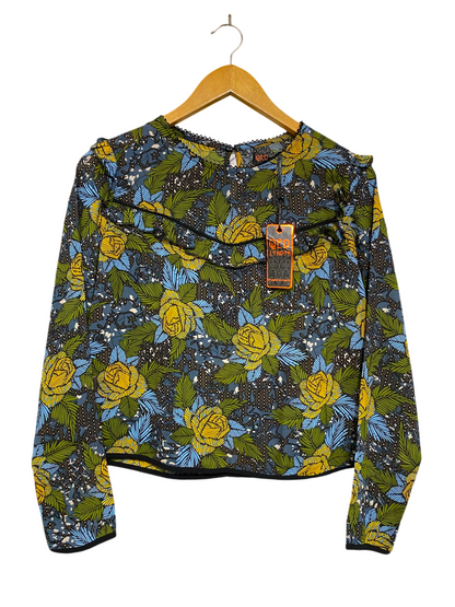 QED LONDON |M| BUST 17| A35| MULTICOLOR FLORAL PRINT RUFFLE-TRIM LONG-SLEEVE BLOUSE