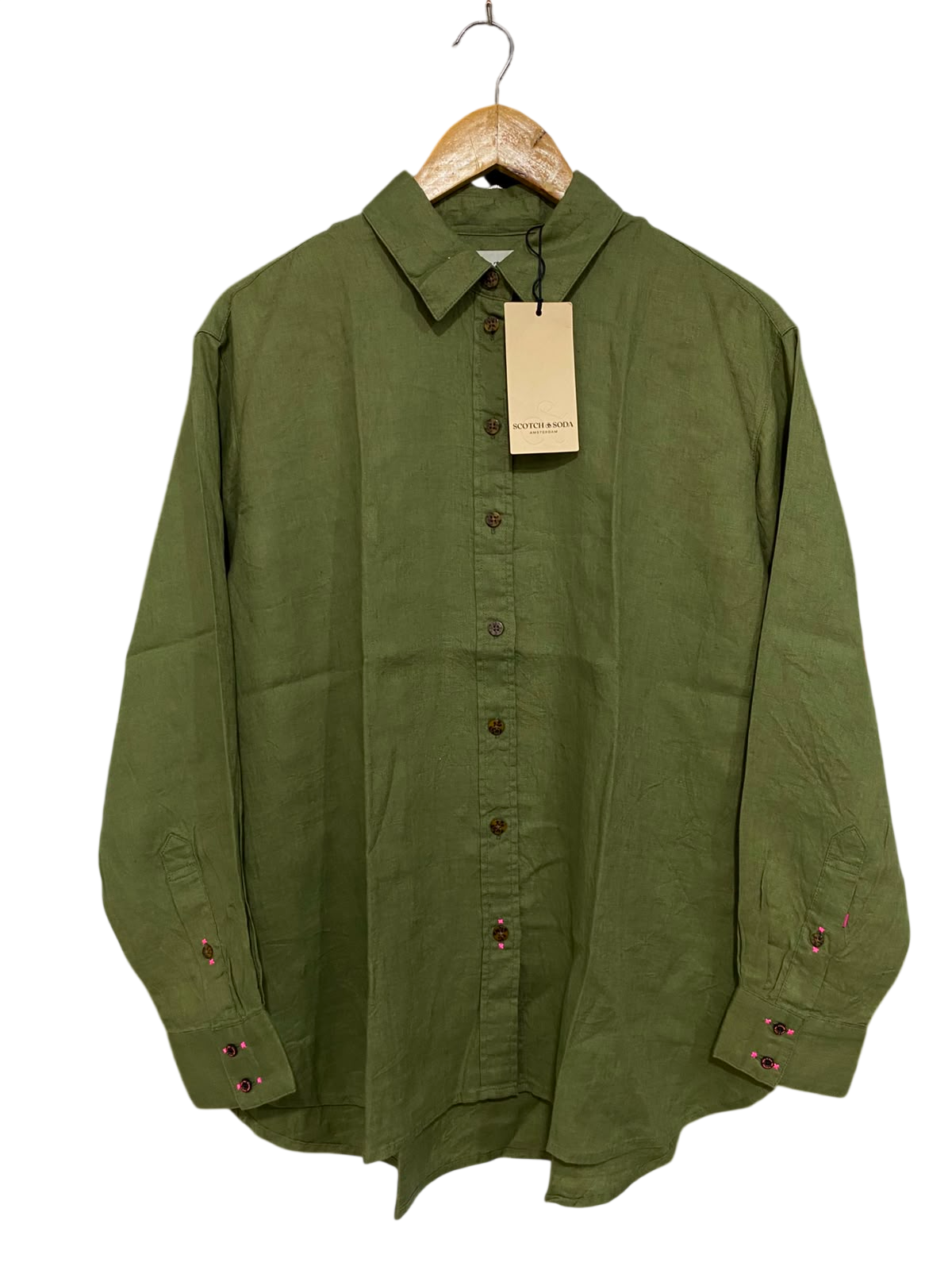 SCOTCH & SODA |XL| BUST 23| A35| OLIVE GREEN LINEN-BLEND BUTTON-DOWN LONG-SLEEVE SHIRT
