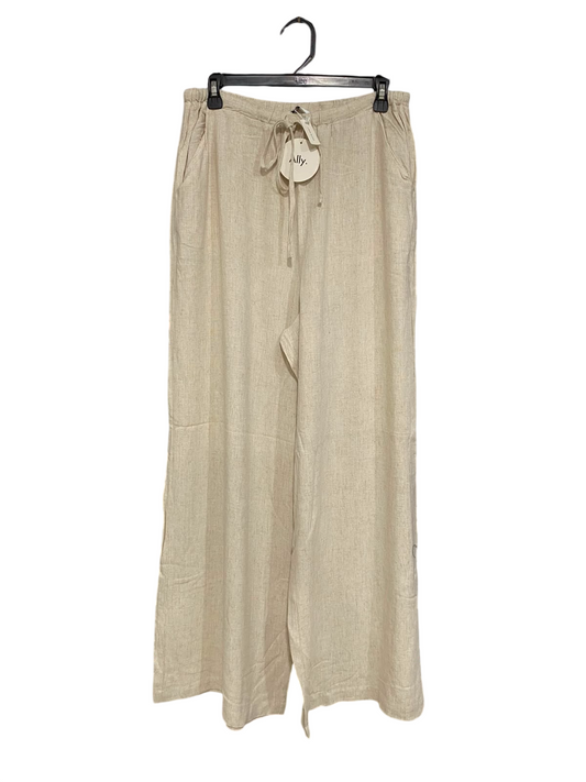 ALLY |L| WAIST 30| A35| OATMEAL LINEN-BLEND DRAWSTRING WIDE-LEG RESORT TROUSERS