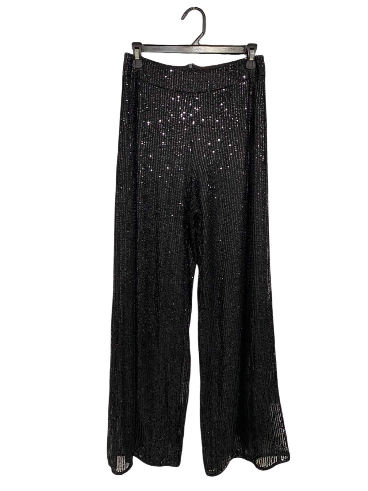 |L| WAIST 26| A35| BLACK SEQUIN-EMBELLISHED HIGH-WAISTED WIDE-LEG PALAZZO PANTS