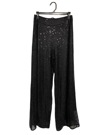 |L| WAIST 26| A35| BLACK SEQUIN-EMBELLISHED HIGH-WAISTED WIDE-LEG PALAZZO PANTS