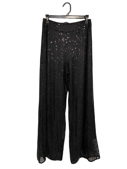 |L| WAIST 26| A35| BLACK SEQUIN-EMBELLISHED HIGH-WAISTED WIDE-LEG PALAZZO PANTS