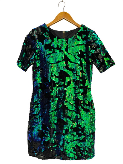|M| BUST 17| A35| BLACK & NEON GREEN HOLOGRAPHIC SEQUIN SHORT-SLEEVE MINI DRESS