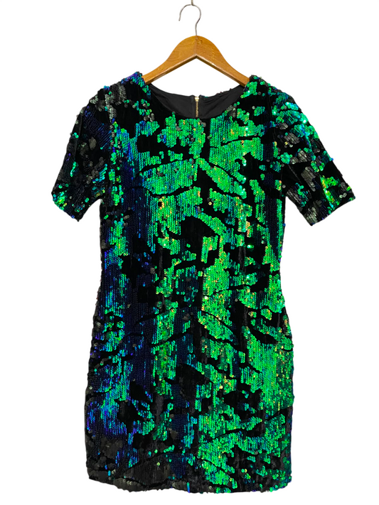 |M| BUST 17| A35| BLACK & NEON GREEN HOLOGRAPHIC SEQUIN SHORT-SLEEVE MINI DRESS