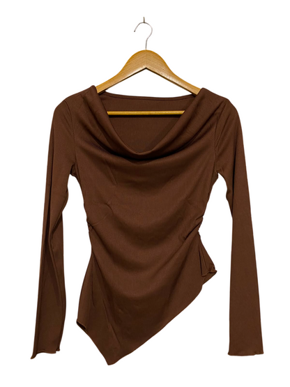 |S| BUST 15| A35| BROWN RIBBED COWL-NECK ASYMMETRIC LONG-SLEEVE TOP