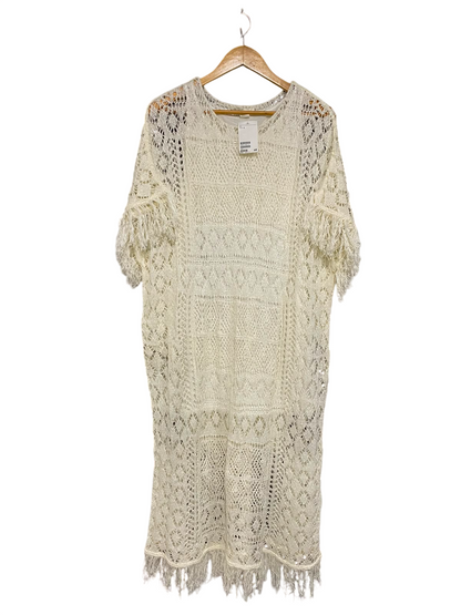 H&M |S| BUST 23| A35| BEIGE CROCHET FRINGED SHORT-SLEEVE MIDI TUNIC DRESS