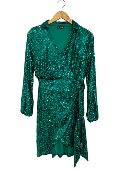 ET VOUS |M| BUST 17| A35| EMERALD GREEN SEQUIN WRAP-STYLE LONG-SLEEVE MINI DRESS