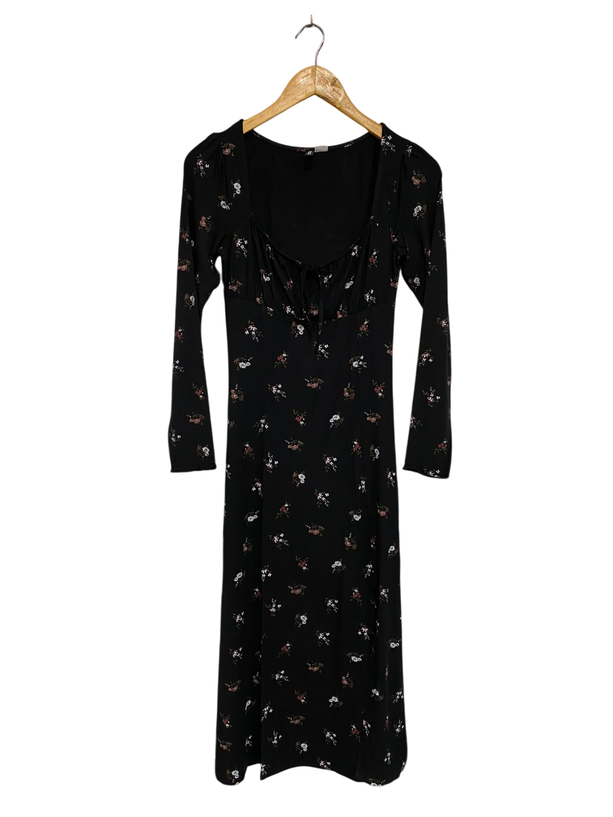 H&M |S| BUST 14| A35| BLACK & MULTICOLOR FLORAL PRINT SQUARE-NECK LONG-SLEEVE MIDI DRESS