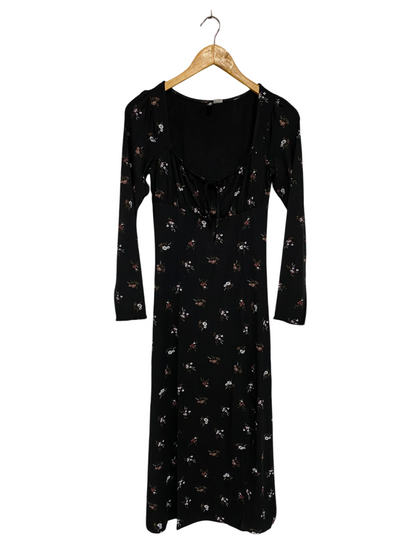 H&M |S| BUST 14| A35| BLACK & MULTICOLOR FLORAL PRINT SQUARE-NECK LONG-SLEEVE MIDI DRESS