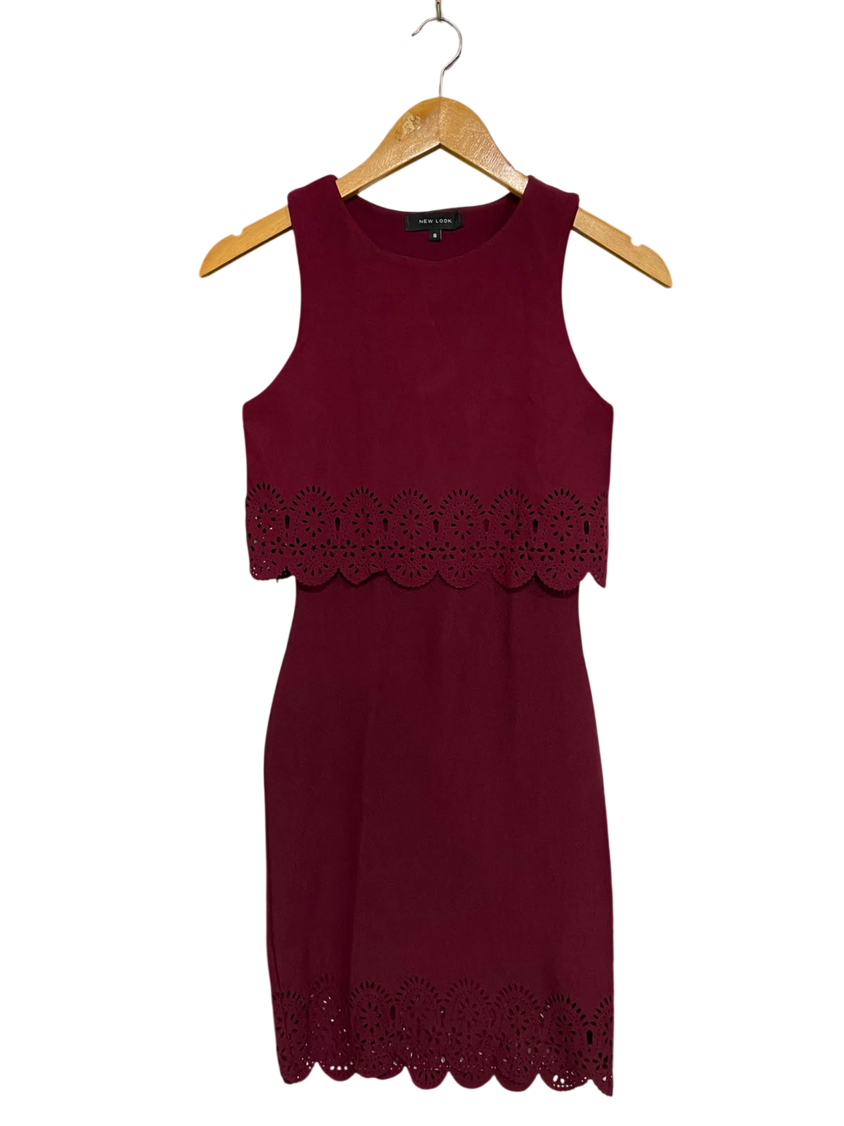 NEW LOOK |S| BUST 14| A35| BURGUNDY LASER-CUT SCALLOPED OVERLAY BODYCON MINI DRESS