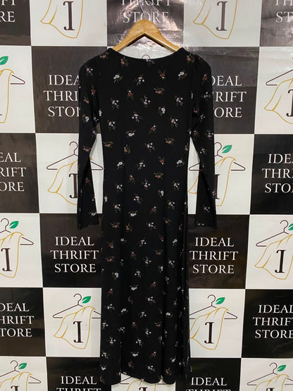 H&M |S| BUST 14| A35| BLACK & MULTICOLOR FLORAL PRINT SQUARE-NECK LONG-SLEEVE MIDI DRESS