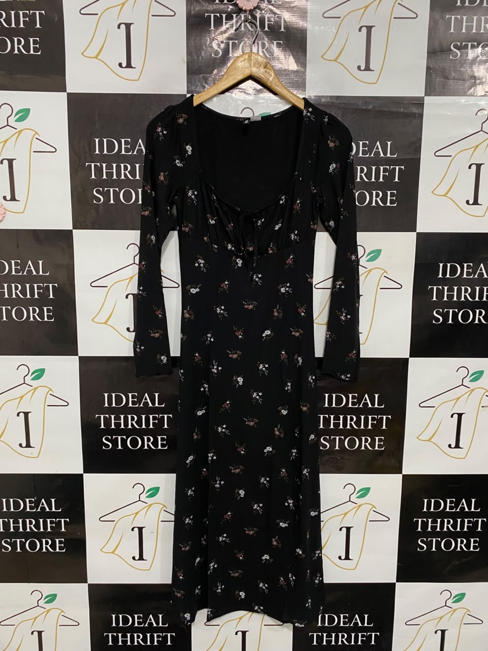 H&M |S| BUST 14| A35| BLACK & MULTICOLOR FLORAL PRINT SQUARE-NECK LONG-SLEEVE MIDI DRESS
