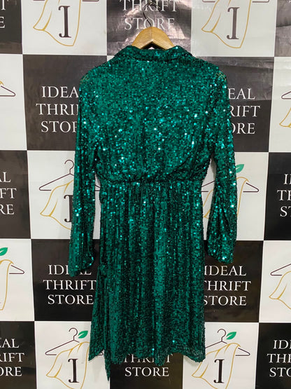 ET VOUS |M| BUST 17| A35| EMERALD GREEN SEQUIN WRAP-STYLE LONG-SLEEVE MINI DRESS