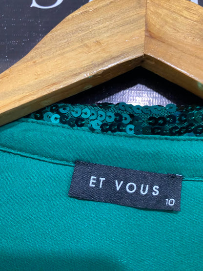 ET VOUS |M| BUST 17| A35| EMERALD GREEN SEQUIN WRAP-STYLE LONG-SLEEVE MINI DRESS