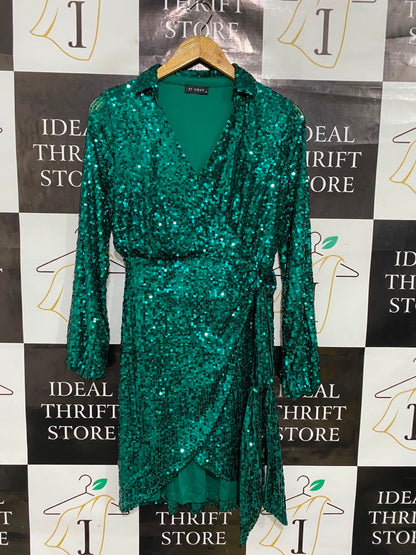 ET VOUS |M| BUST 17| A35| EMERALD GREEN SEQUIN WRAP-STYLE LONG-SLEEVE MINI DRESS