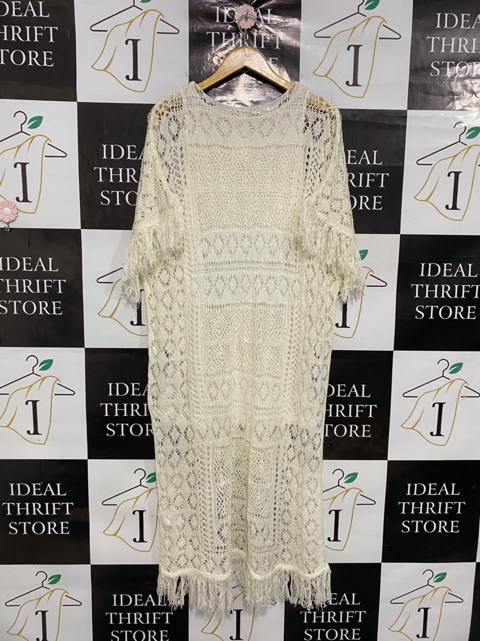 H&M |S| BUST 23| A35| BEIGE CROCHET FRINGED SHORT-SLEEVE MIDI TUNIC DRESS