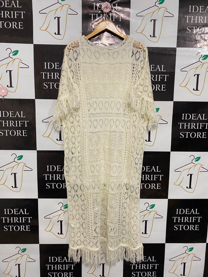 H&M |S| BUST 23| A35| BEIGE CROCHET FRINGED SHORT-SLEEVE MIDI TUNIC DRESS