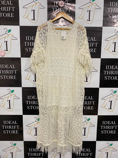 H&M |S| BUST 23| A35| BEIGE CROCHET FRINGED SHORT-SLEEVE MIDI TUNIC DRESS