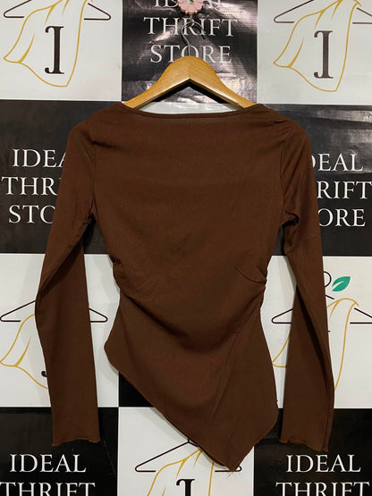 |S| BUST 15| A35| BROWN RIBBED COWL-NECK ASYMMETRIC LONG-SLEEVE TOP