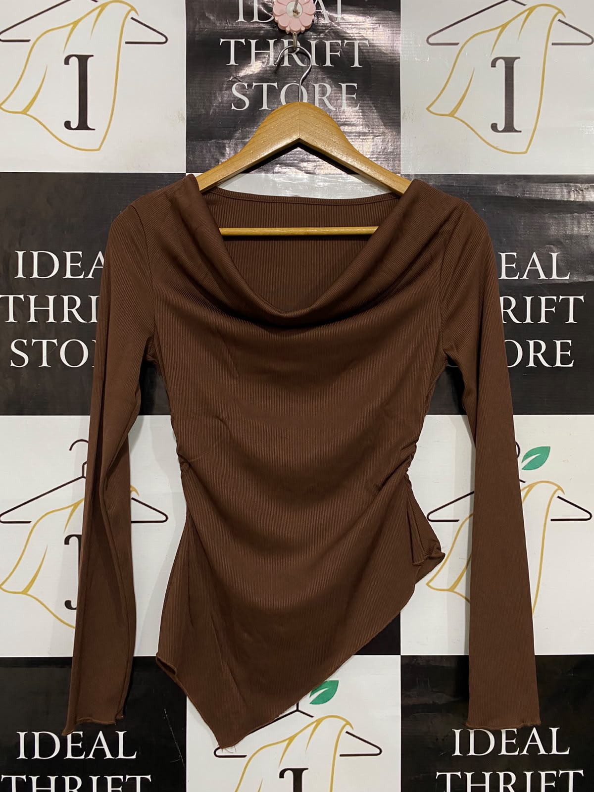 |S| BUST 15| A35| BROWN RIBBED COWL-NECK ASYMMETRIC LONG-SLEEVE TOP