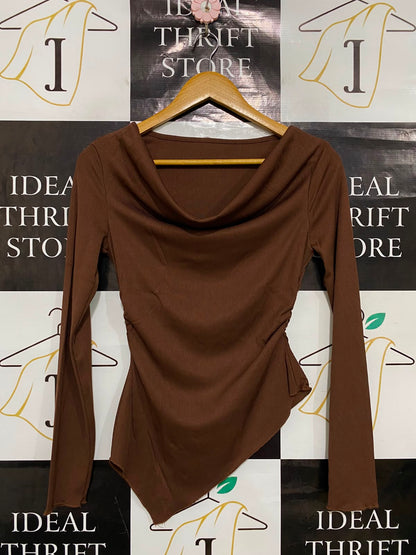 |S| BUST 15| A35| BROWN RIBBED COWL-NECK ASYMMETRIC LONG-SLEEVE TOP