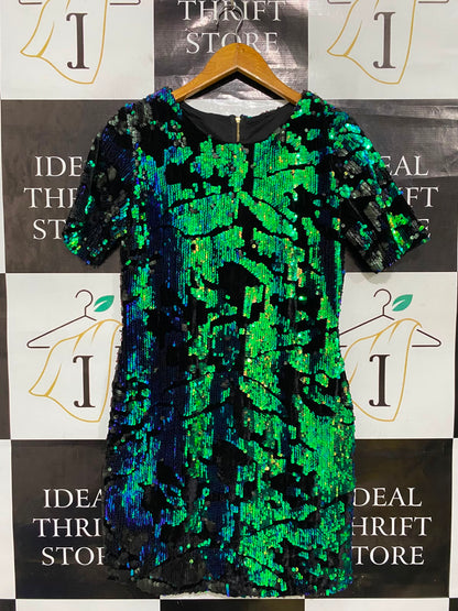 |M| BUST 17| A35| BLACK & NEON GREEN HOLOGRAPHIC SEQUIN SHORT-SLEEVE MINI DRESS