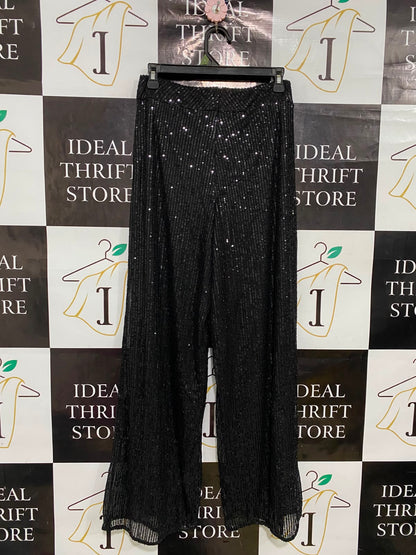 |L| WAIST 26| A35| BLACK SEQUIN-EMBELLISHED HIGH-WAISTED WIDE-LEG PALAZZO PANTS