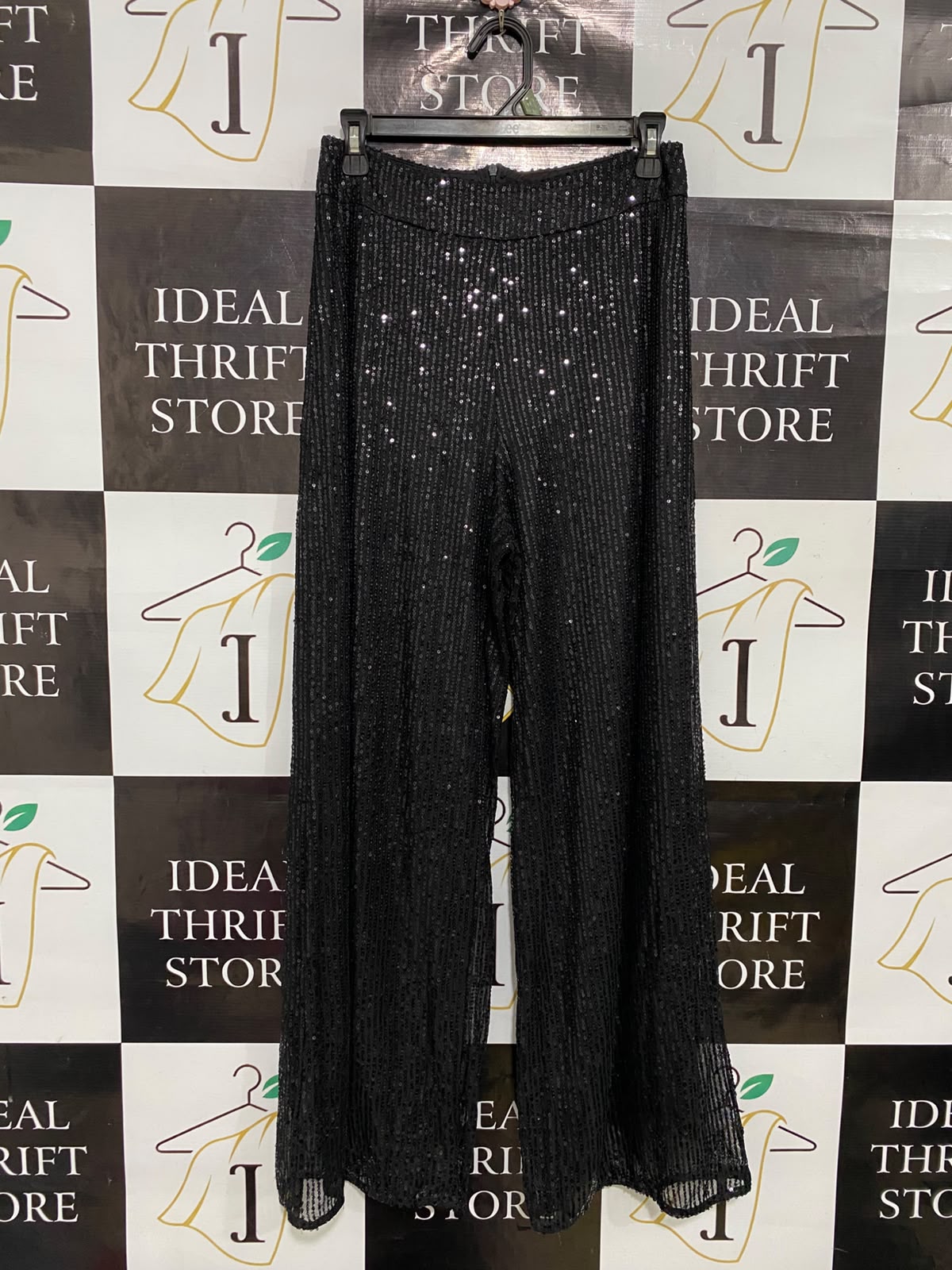 |L| WAIST 26| A35| BLACK SEQUIN-EMBELLISHED HIGH-WAISTED WIDE-LEG PALAZZO PANTS