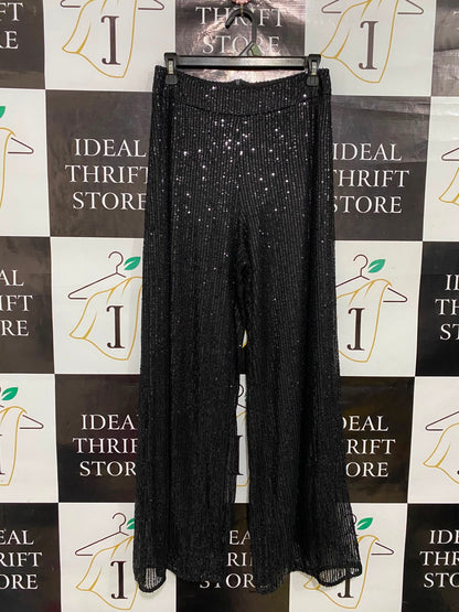 |L| WAIST 26| A35| BLACK SEQUIN-EMBELLISHED HIGH-WAISTED WIDE-LEG PALAZZO PANTS