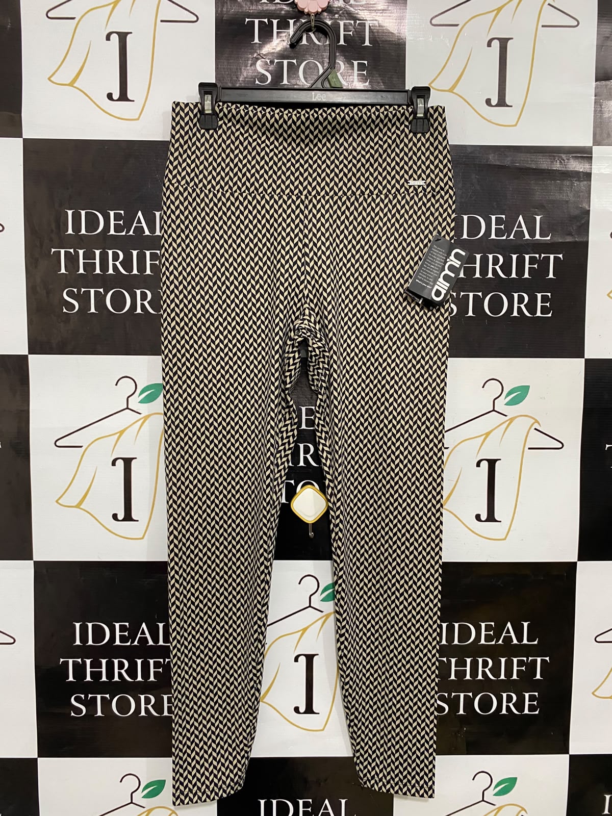 AIMN |L| WAIST 28| A35| BEIGE & BLACK HERRINGBONE GEOMETRIC HIGH-WAISTED ACTIVEWEAR LEGGINGS