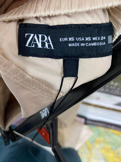 ZARA |XS| WAIST 26| A35| BEIGE PLEATED TEXTURED DRAWSTRING WIDE-LEG TROUSERS