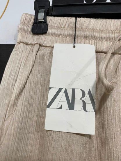 ZARA |XS| WAIST 26| A35| BEIGE PLEATED TEXTURED DRAWSTRING WIDE-LEG TROUSERS