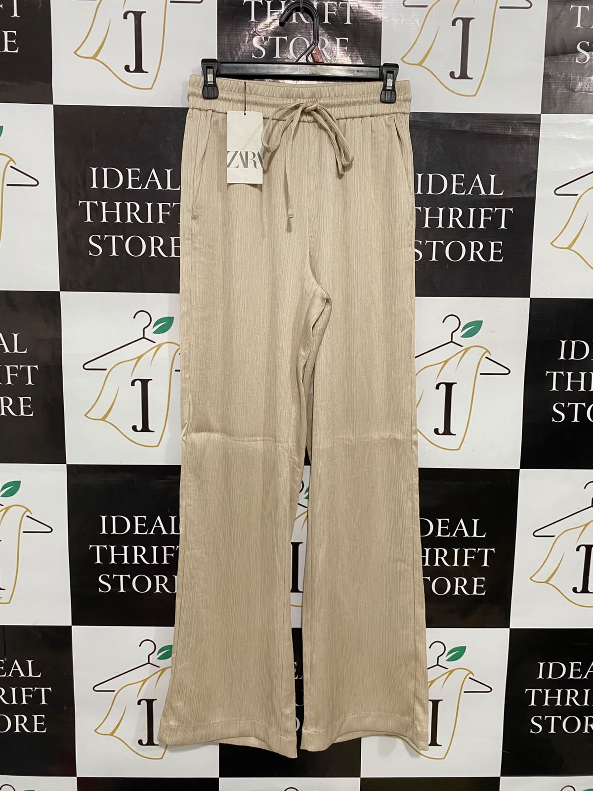 ZARA |XS| WAIST 26| A35| BEIGE PLEATED TEXTURED DRAWSTRING WIDE-LEG TROUSERS