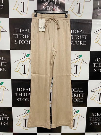 ZARA |XS| WAIST 26| A35| BEIGE PLEATED TEXTURED DRAWSTRING WIDE-LEG TROUSERS