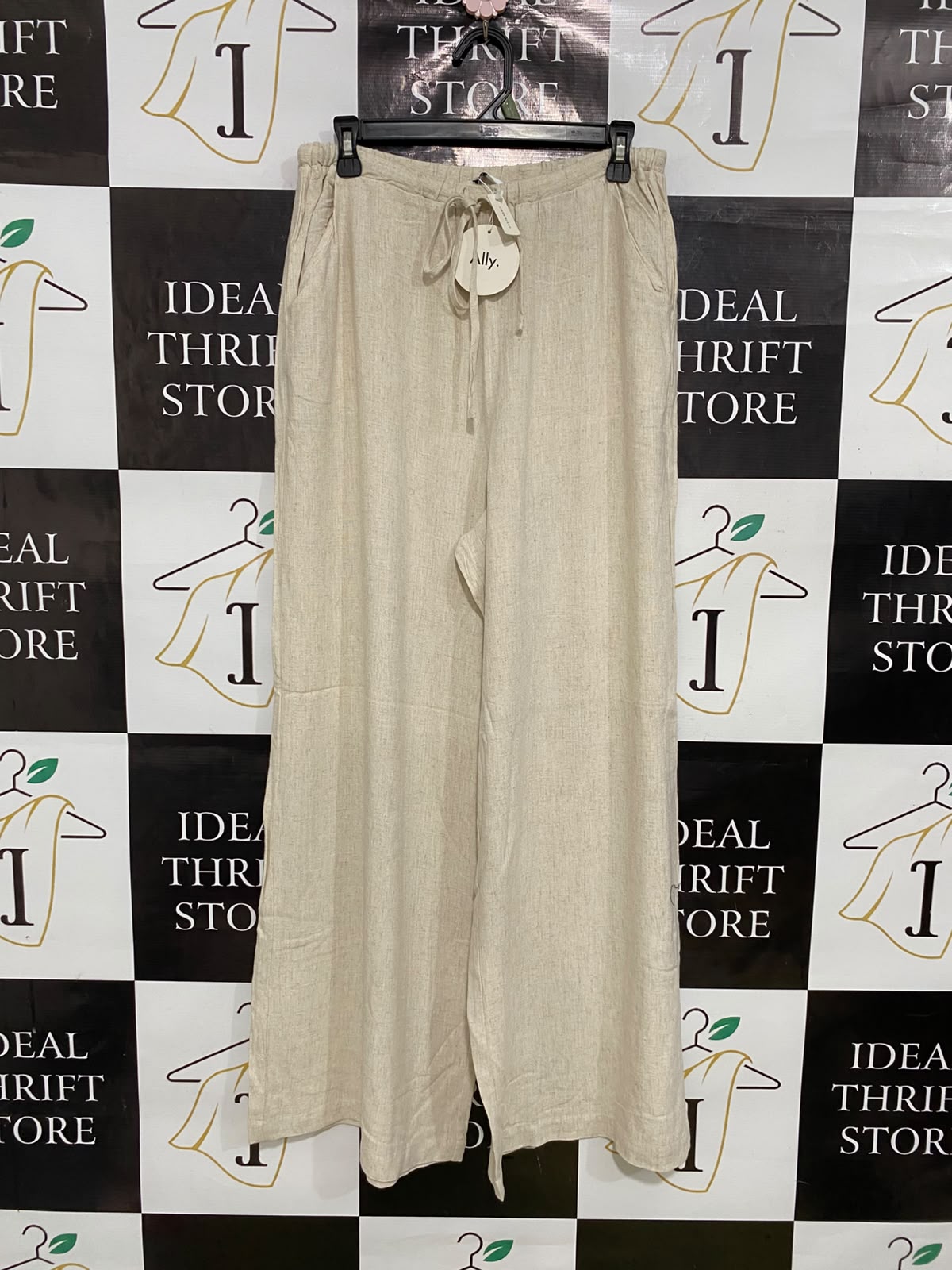 ALLY |L| WAIST 30| A35| OATMEAL LINEN-BLEND DRAWSTRING WIDE-LEG RESORT TROUSERS