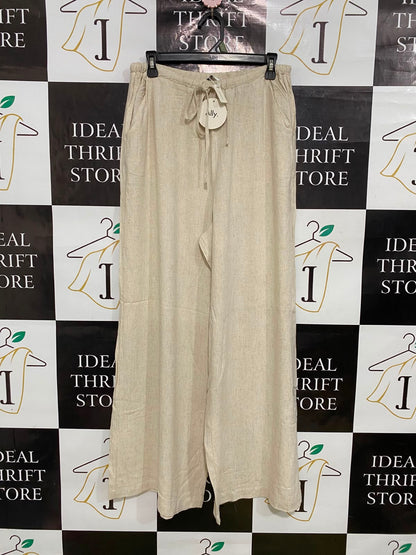 ALLY |L| WAIST 30| A35| OATMEAL LINEN-BLEND DRAWSTRING WIDE-LEG RESORT TROUSERS
