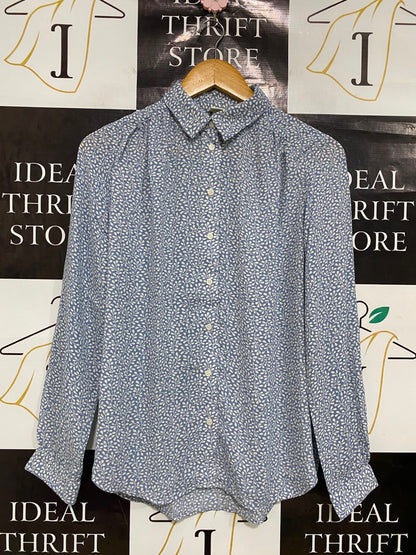 H&M |M| BUST 18| A35| BLUE & WHITE LEAF-PRINT BUTTON-DOWN LONG-SLEVE SHIRT