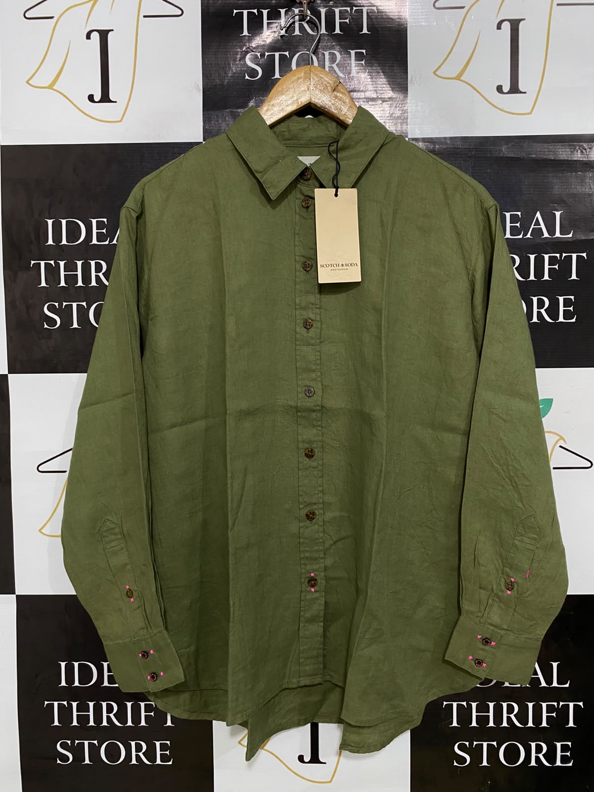 SCOTCH & SODA |XL| BUST 23| A35| OLIVE GREEN LINEN-BLEND BUTTON-DOWN LONG-SLEEVE SHIRT