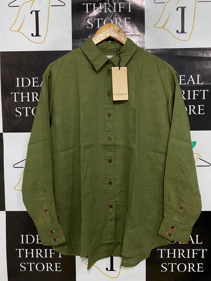 SCOTCH & SODA |XL| BUST 23| A35| OLIVE GREEN LINEN-BLEND BUTTON-DOWN LONG-SLEEVE SHIRT