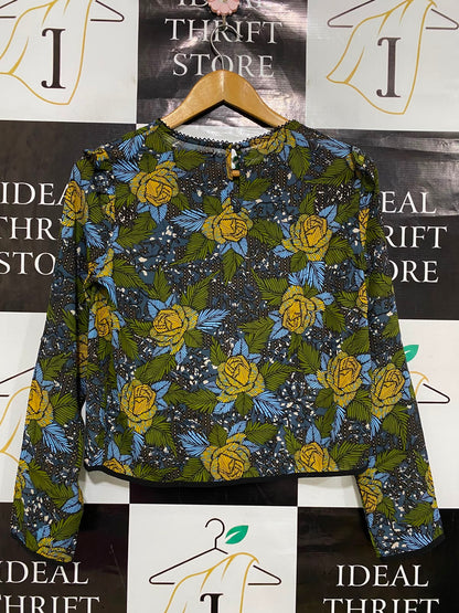 QED LONDON |M| BUST 17| A35| MULTICOLOR FLORAL PRINT RUFFLE-TRIM LONG-SLEEVE BLOUSE