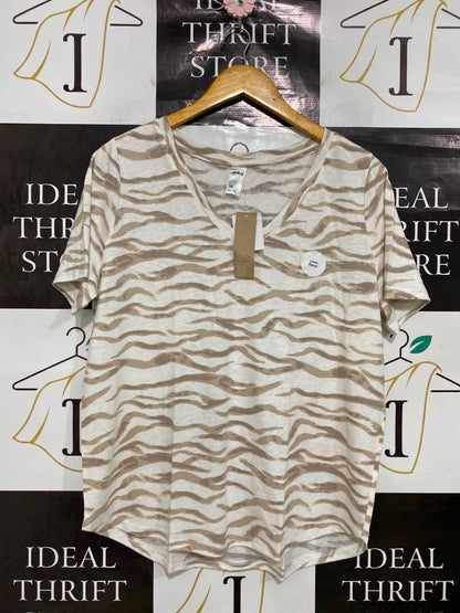 ANKO |L| BUST 20| A35| BEIGE & WHITE ZEBRA-PRINT LINEN-BLEND V-NECK T-SHIRT